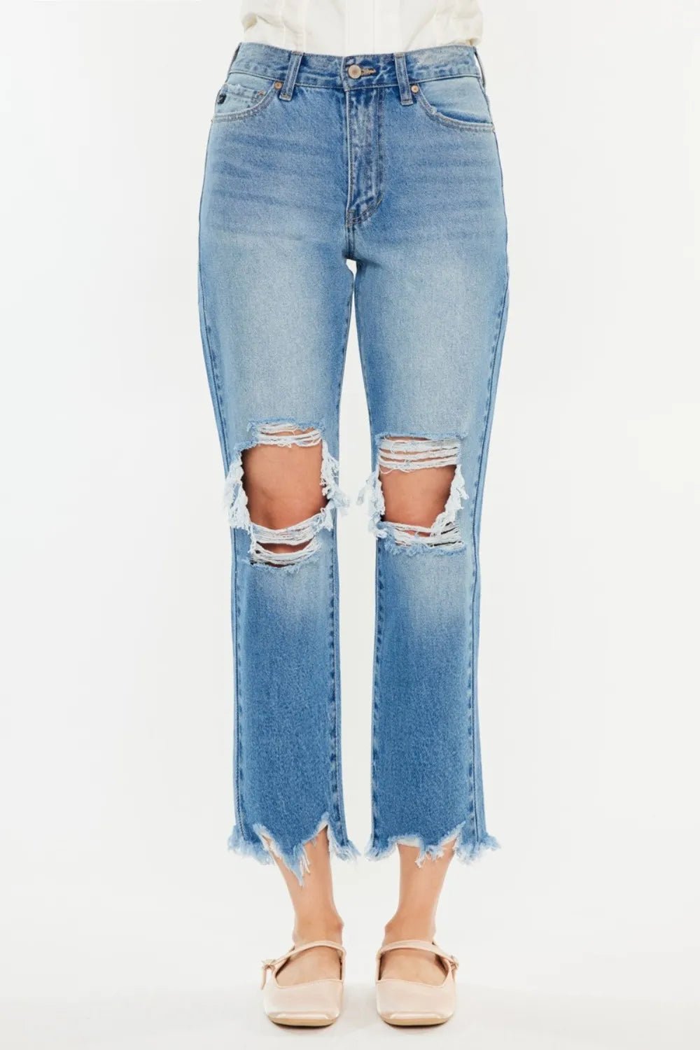 Kancan Distressed Frayed Hem Cropped Jeans - Casual Fit Clothes