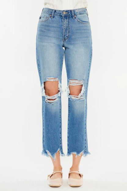 Kancan Distressed Frayed Hem Cropped Jeans - Casual Fit Clothes