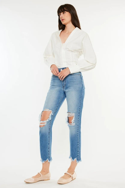 Kancan Distressed Frayed Hem Cropped Jeans - Casual Fit Clothes