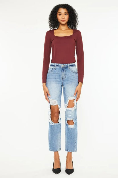 Kancan High Rise Distressed Boyfriend Jeans - Casual Fit Clothes
