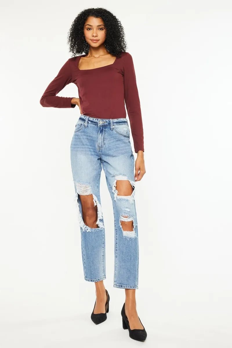 Kancan High Rise Distressed Boyfriend Jeans - Casual Fit Clothes