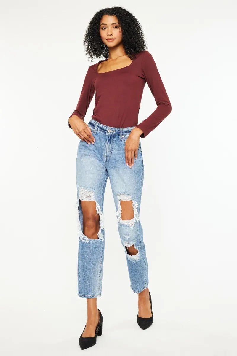 Kancan High Rise Distressed Boyfriend Jeans - Casual Fit Clothes