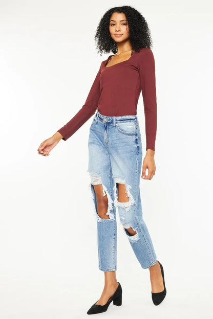 Kancan High Rise Distressed Boyfriend Jeans - Casual Fit Clothes