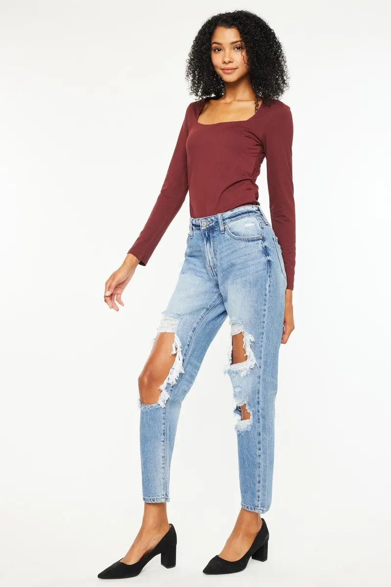 Kancan High Rise Distressed Boyfriend Jeans - Casual Fit Clothes