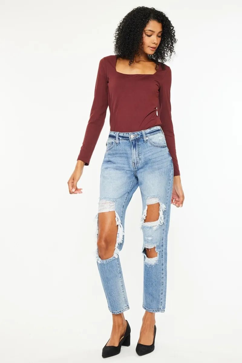 Kancan High Rise Distressed Boyfriend Jeans - Casual Fit Clothes