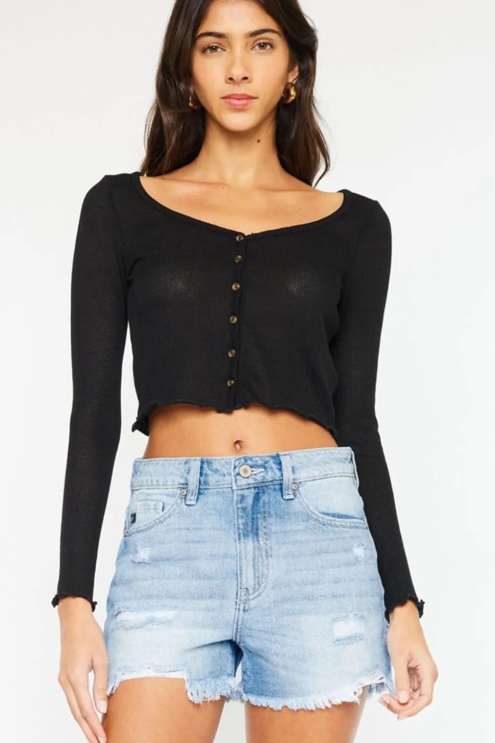 Kancan High Waist Frayed Denim Shorts - Casual Fit Clothes