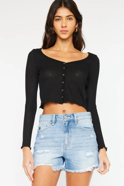 Kancan High Waist Frayed Denim Shorts - Casual Fit Clothes