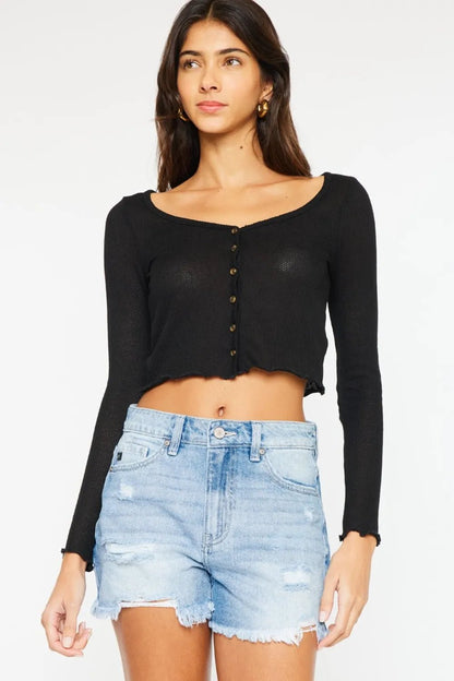 Kancan High Waist Frayed Denim Shorts - Casual Fit Clothes