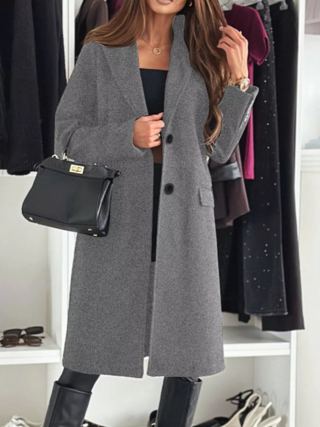 Lapel Collar Long Sleeve Coat - Casual Fit Clothes