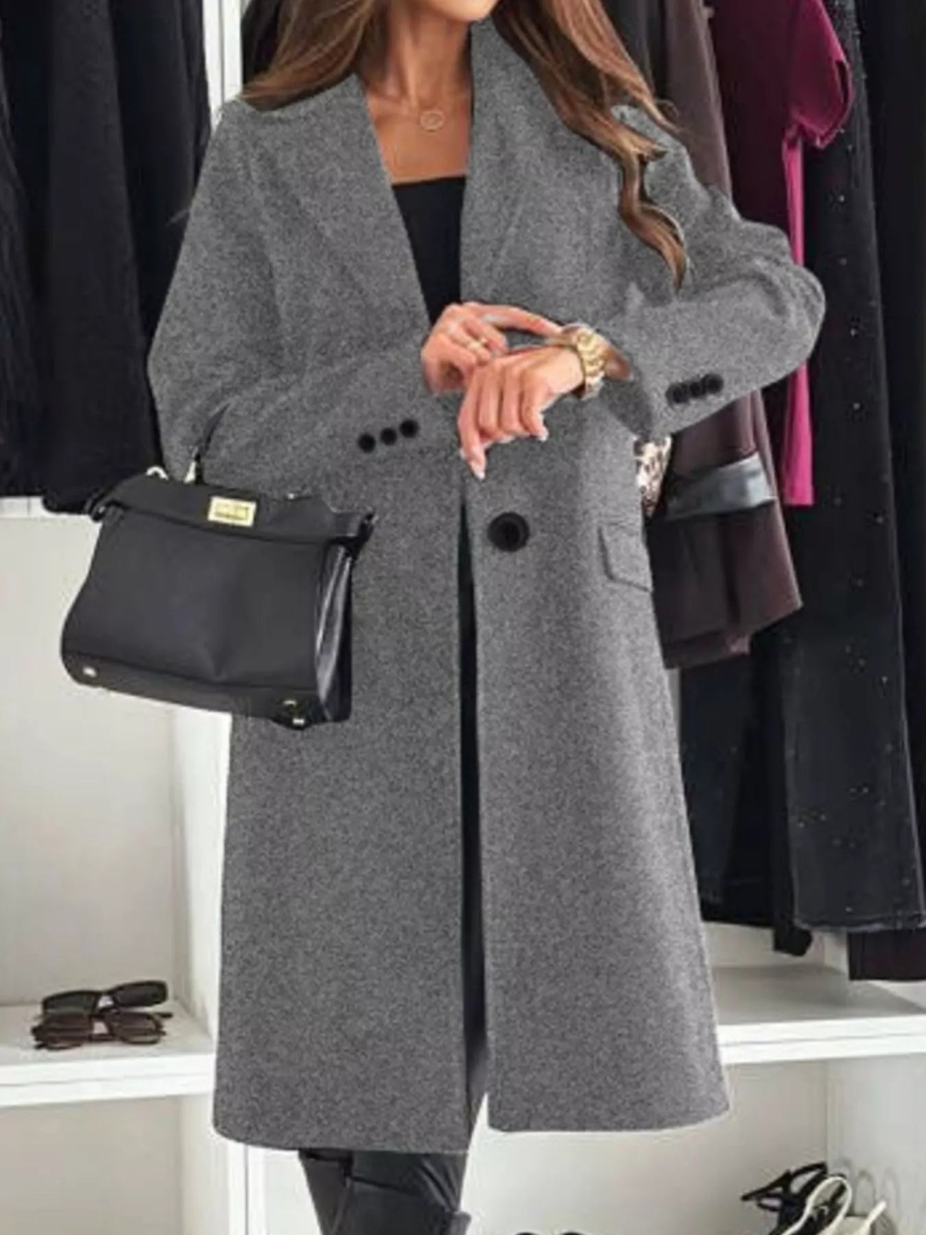 Lapel Collar Long Sleeve Coat - Casual Fit Clothes
