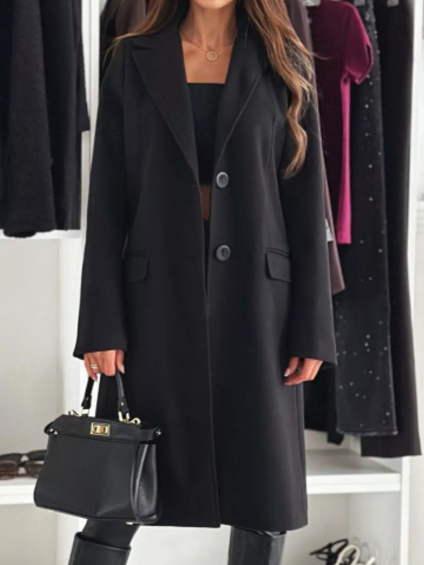 Lapel Collar Long Sleeve Coat - Casual Fit Clothes