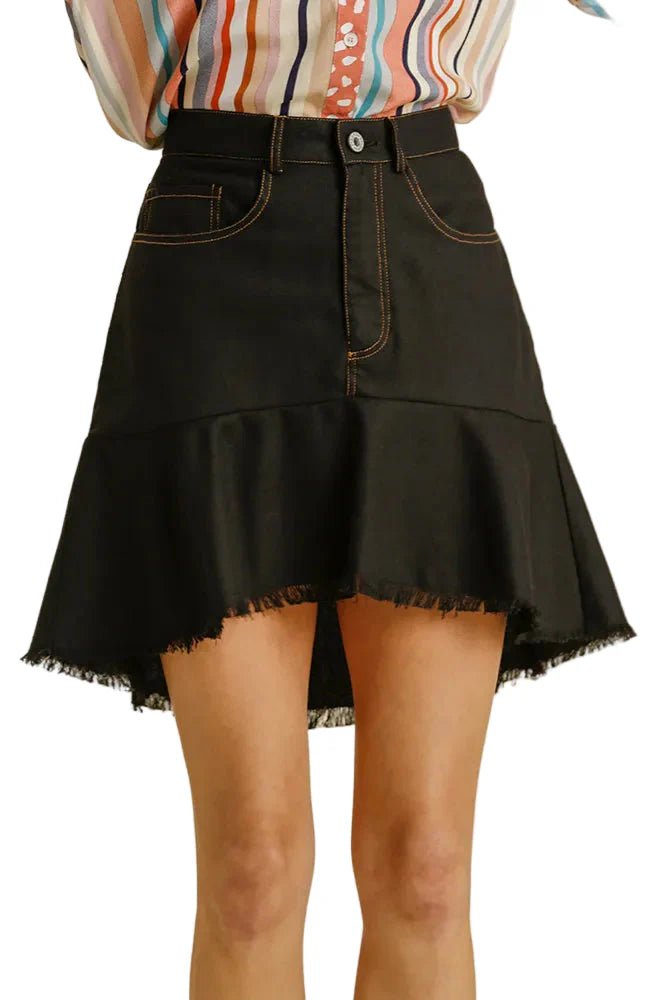 Linen Blend 5 Pockets High Low Skirt with Frayed Hem - Casual Fit Clothes