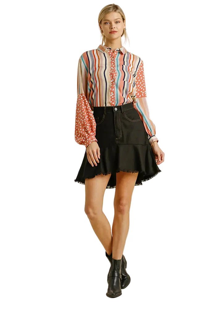 Linen Blend 5 Pockets High Low Skirt with Frayed Hem - Casual Fit Clothes