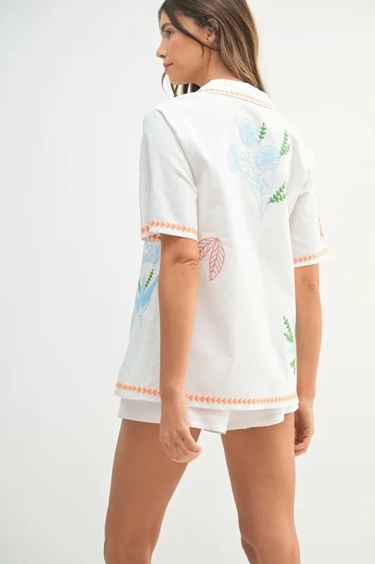 MABLE Embroidered Button Down Shirt and Shorts Set - Casual Fit Clothes