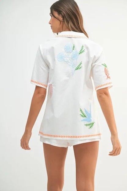 MABLE Embroidered Button Down Shirt and Shorts Set - Casual Fit Clothes