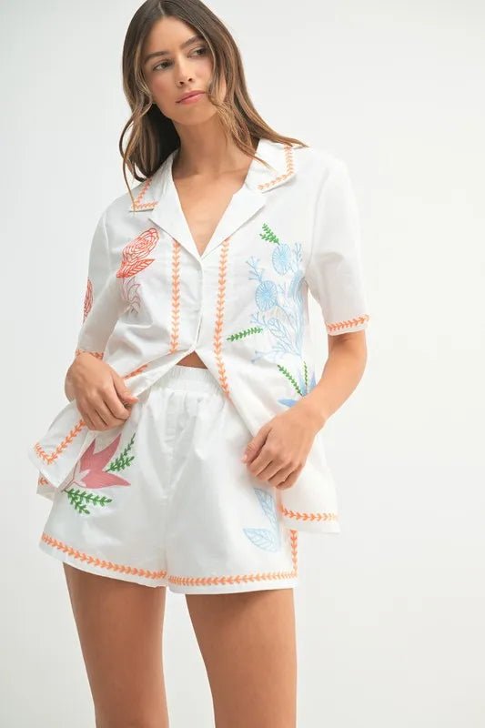 MABLE Embroidered Button Down Shirt and Shorts Set - Casual Fit Clothes