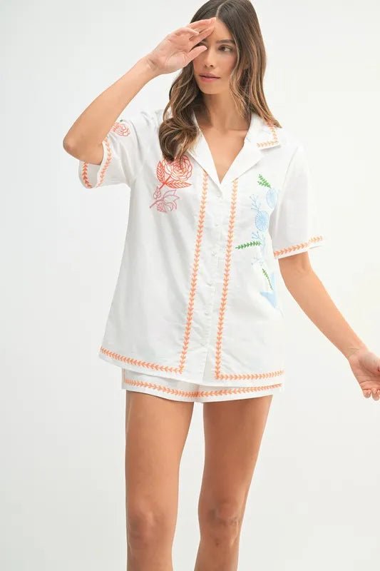 MABLE Embroidered Button Down Shirt and Shorts Set - Casual Fit Clothes