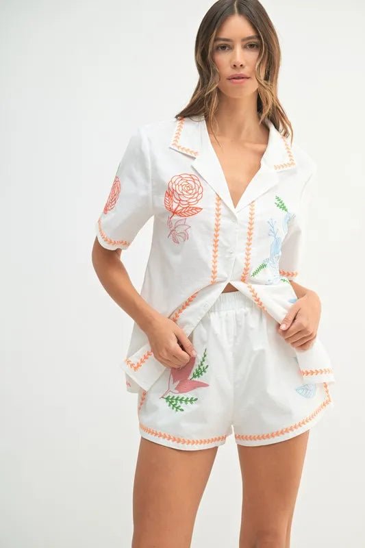 MABLE Embroidered Button Down Shirt and Shorts Set - Casual Fit Clothes