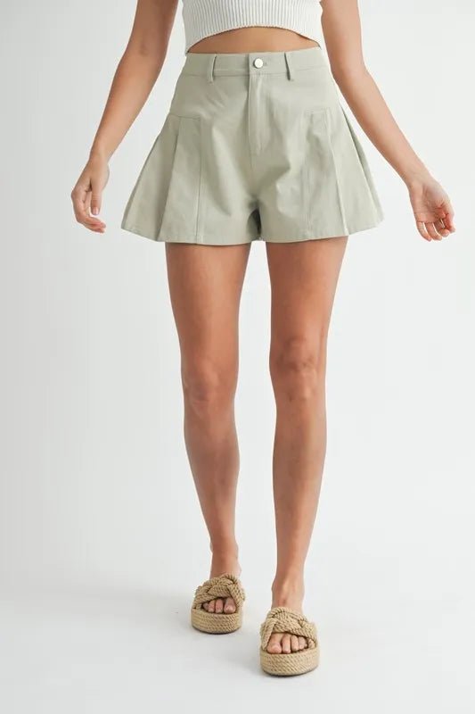 MABLE Pleated High Waist Twill Shorts - Casual Fit Clothes