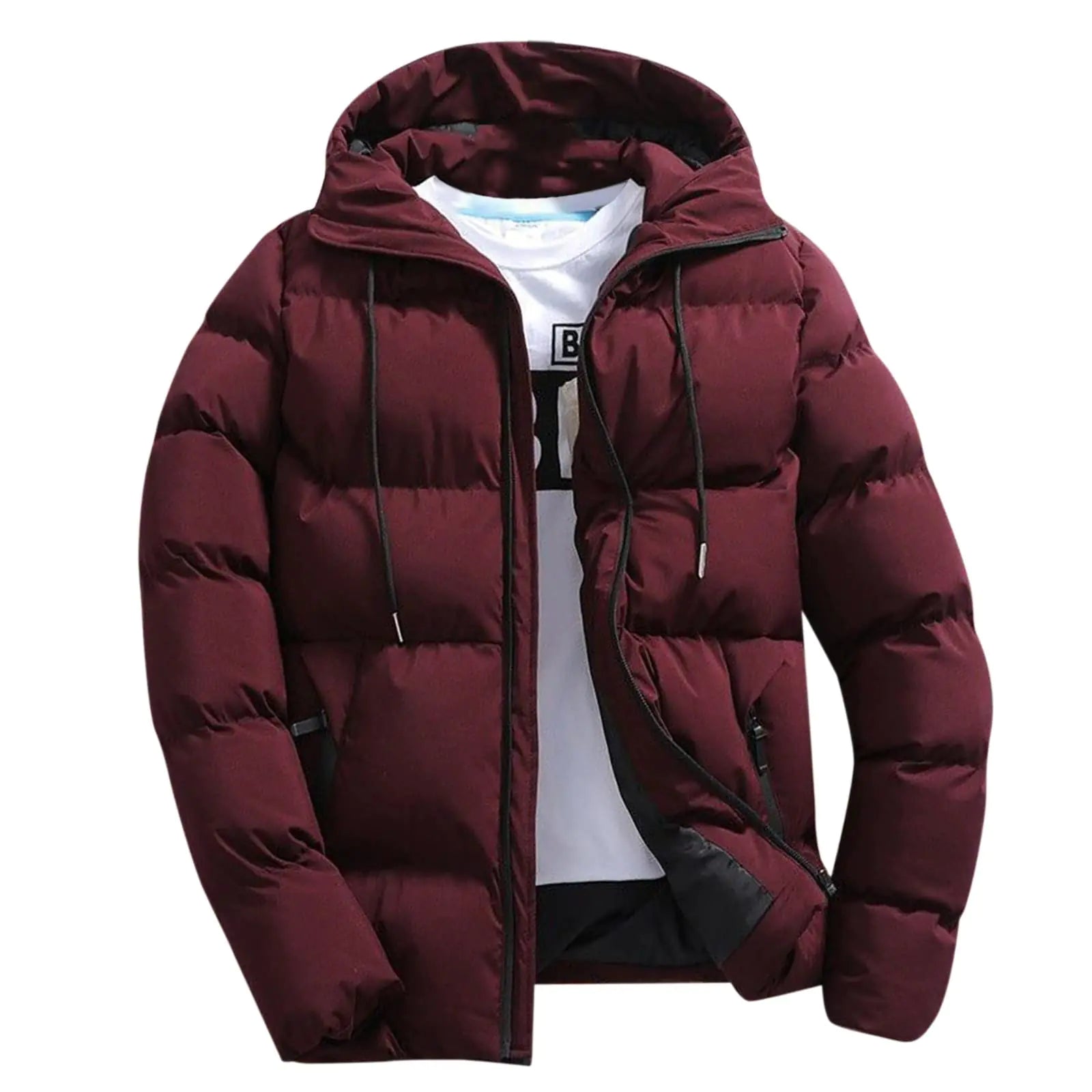 Men Puffer Jacket with Hood Lightweight Packable Quilted Hooded Bubble Down Jackets Winter Insulated Thick Outwear(Xa - WineXXL) - Casual Fit Clothes
