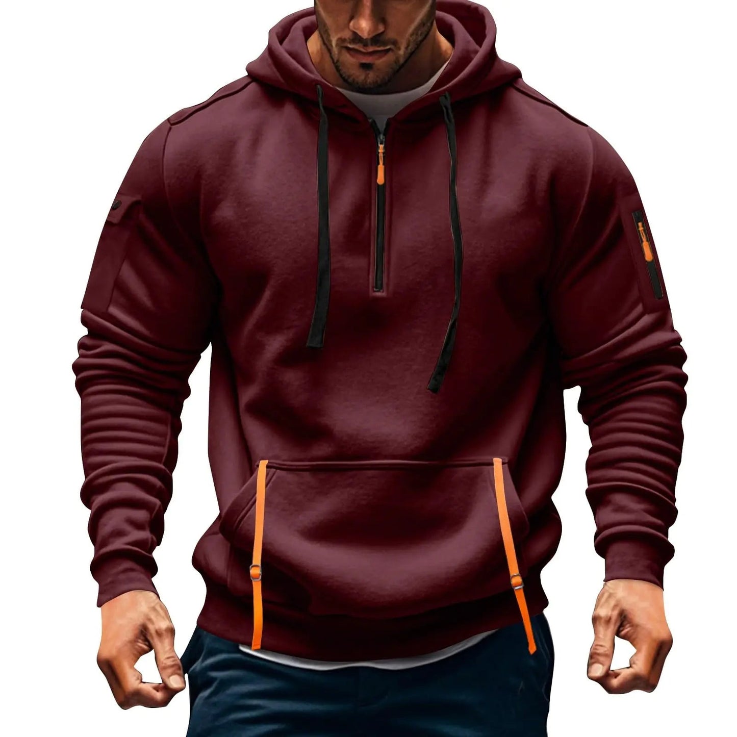 Mens Fashion Hoodies & Sweatshirts Tactical Oversized Hoodie Men Fleece Quarter Zip Pullover Thick Work Hoodie Zip Pockets Plus Size Hooded Sweatshirt Brunt Hoodies for Men Mens Hoodies Wine - Casual Fit Clothes