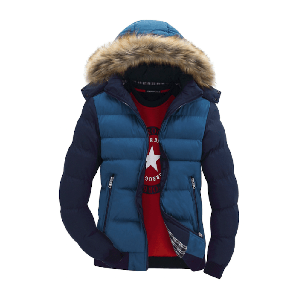 Mens Two Tone Puffer Jacket with Removable Hood - Casual Fit Clothes