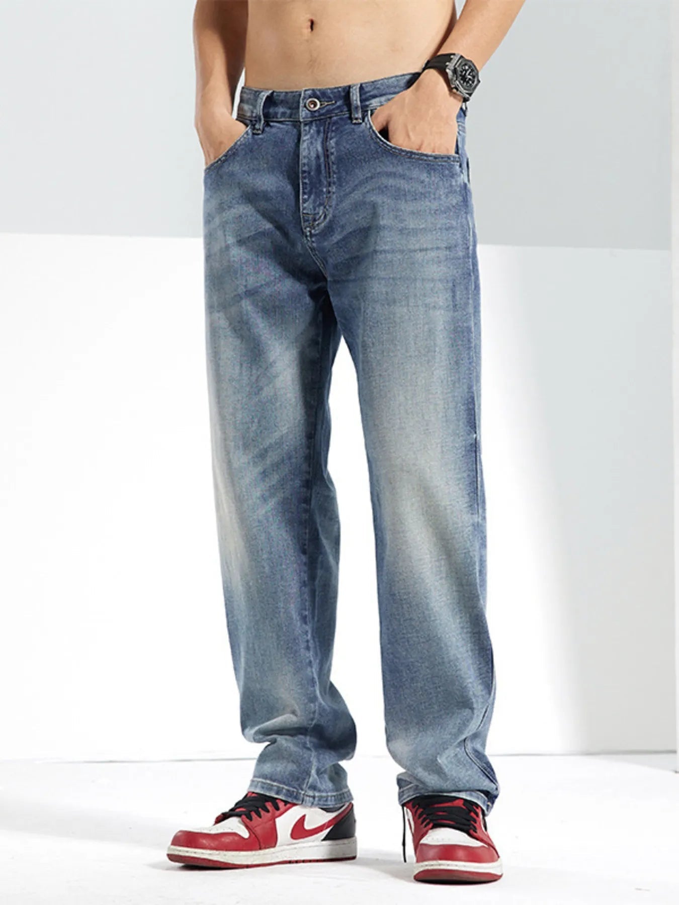 Men's Washed Straight Jeans - Casual Fit Clothes
