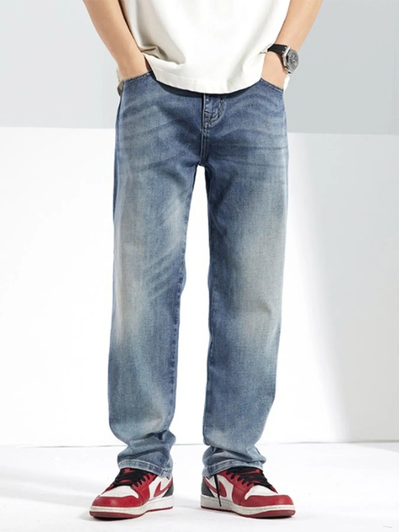 Men's Washed Straight Jeans - Casual Fit Clothes