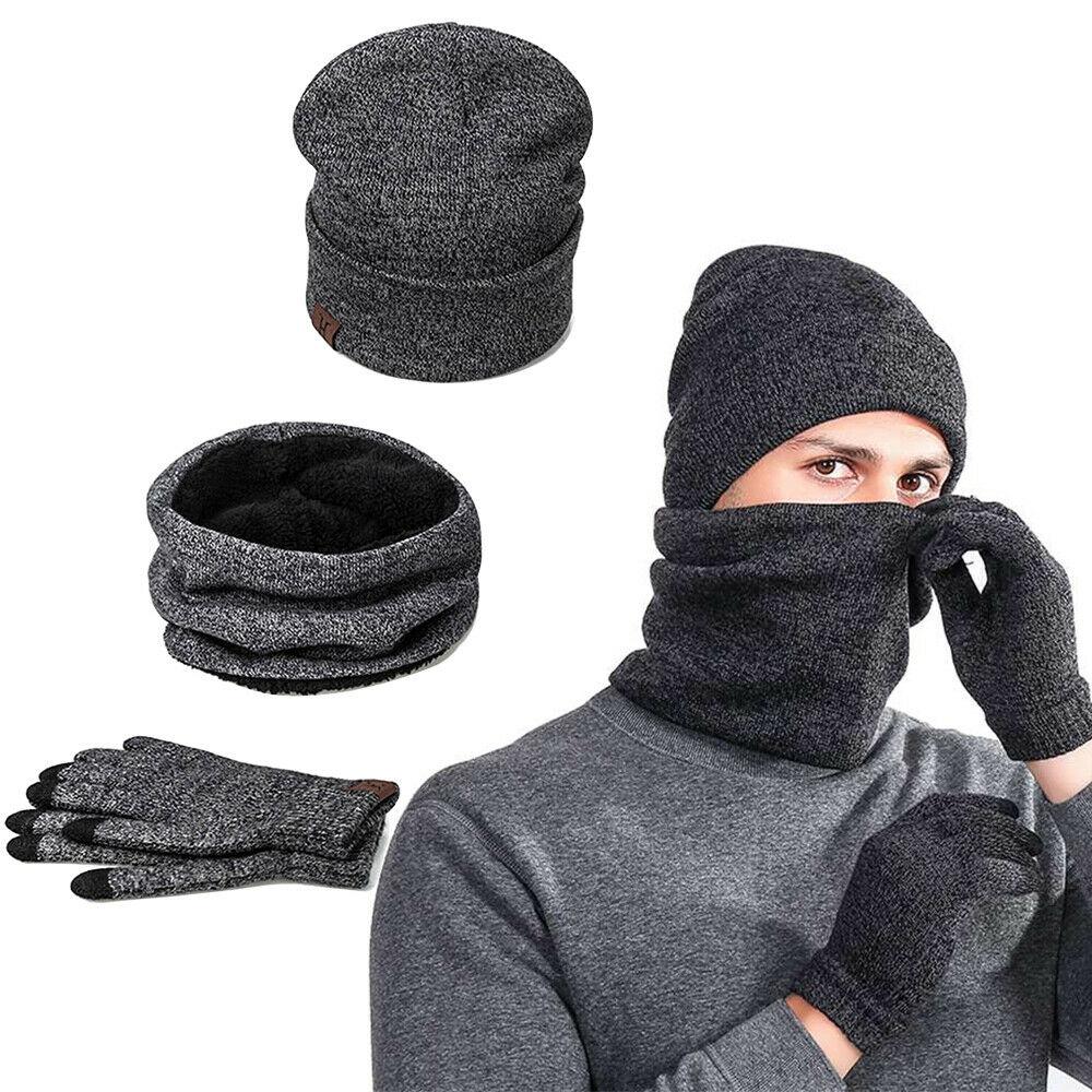 Mens Winter Beanie Hat And Neck Scarf Warmer Touch Screen Gloves Set - Casual Fit Clothes