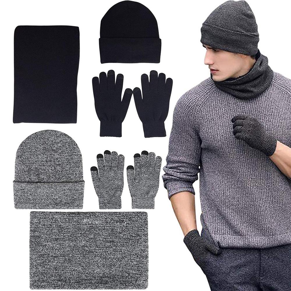 Mens Winter Beanie Hat And Neck Scarf Warmer Touch Screen Gloves Set - Casual Fit Clothes