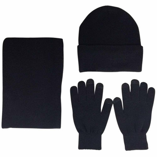 Mens Winter Beanie Hat And Neck Scarf Warmer Touch Screen Gloves Set - Casual Fit Clothes