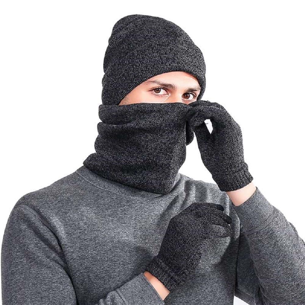 Mens Winter Beanie Hat And Neck Scarf Warmer Touch Screen Gloves Set - Casual Fit Clothes