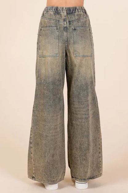 Mittoshop Washed Wide Leg Jeans with Pockets - Casual Fit Clothes