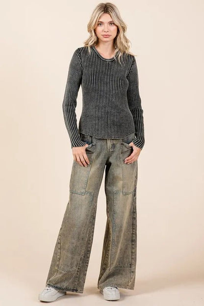 Mittoshop Washed Wide Leg Jeans with Pockets - Casual Fit Clothes