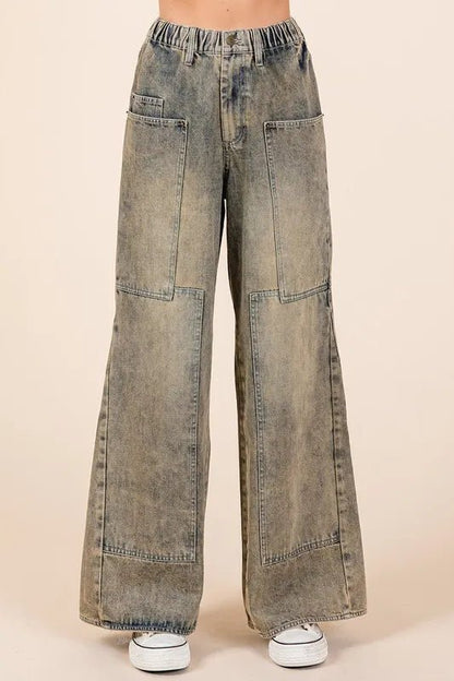 Mittoshop Washed Wide Leg Jeans with Pockets - Casual Fit Clothes