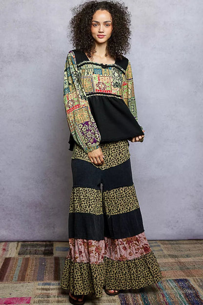 POL Balloon Sleeve Peplum Blouse with Trim Detail - Casual Fit Clothes