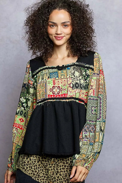 POL Balloon Sleeve Peplum Blouse with Trim Detail - Casual Fit Clothes