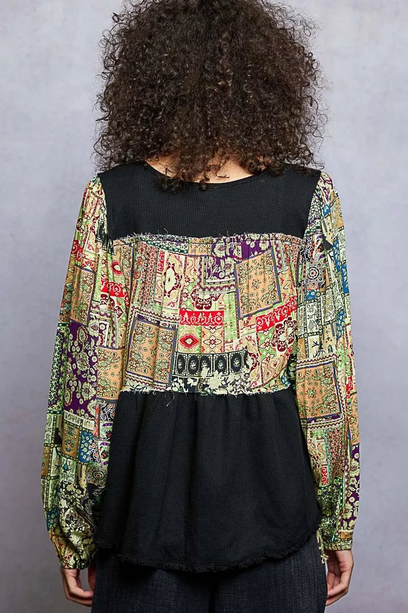 POL Balloon Sleeve Peplum Blouse with Trim Detail - Casual Fit Clothes