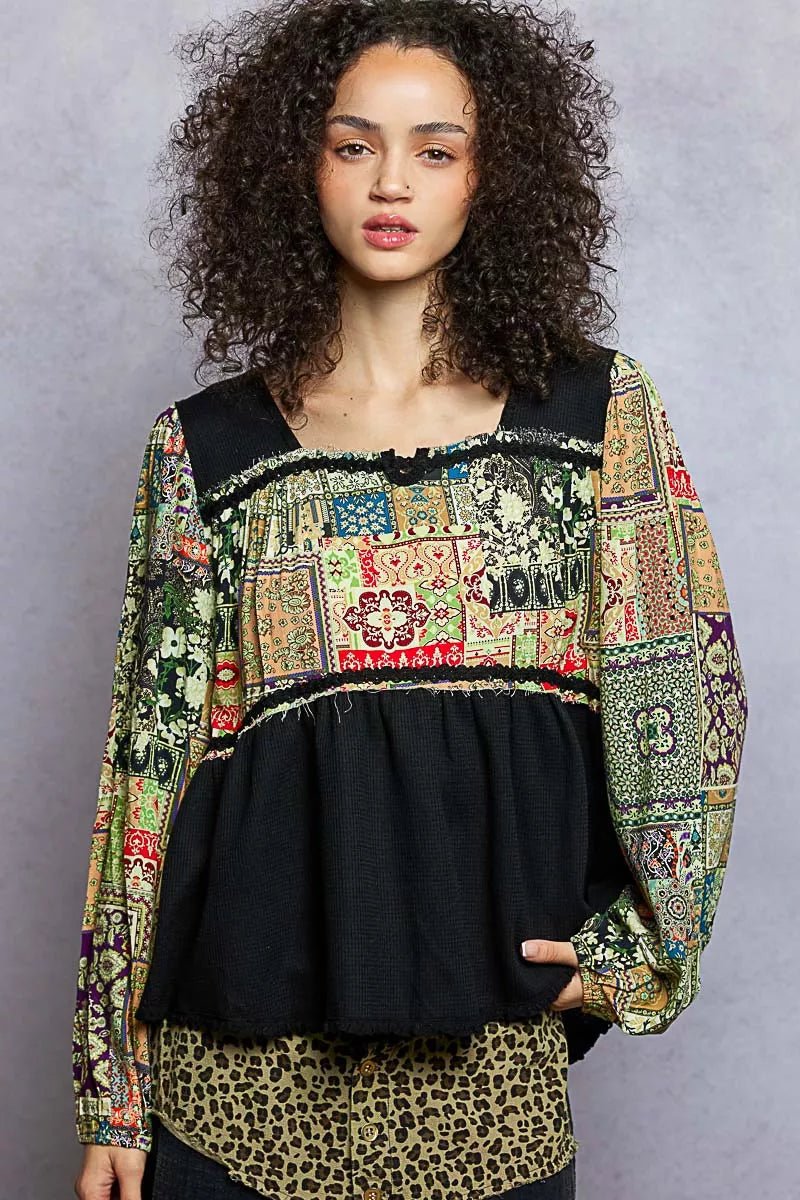 POL Balloon Sleeve Peplum Blouse with Trim Detail - Casual Fit Clothes