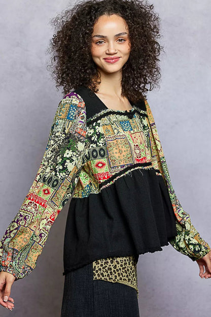 POL Balloon Sleeve Peplum Blouse with Trim Detail - Casual Fit Clothes