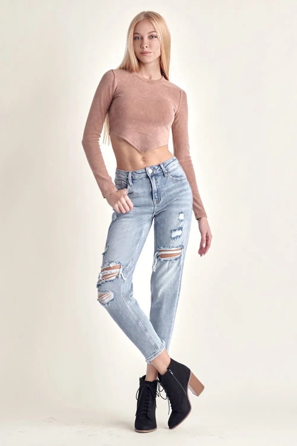 RISEN Distressed Slim Cropped Jeans - Casual Fit Clothes