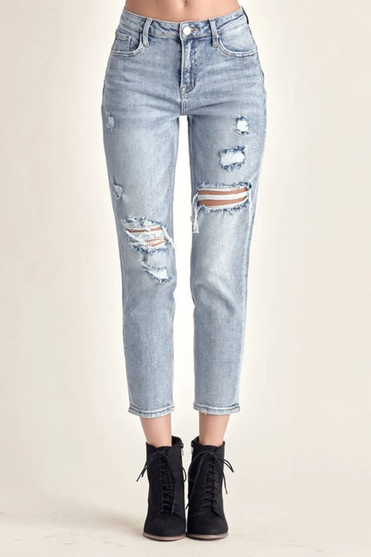 RISEN Distressed Slim Cropped Jeans - Casual Fit Clothes
