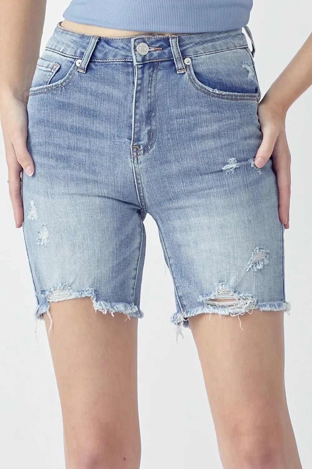 RISEN High Rise Distressed Denim Shorts - Casual Fit Clothes