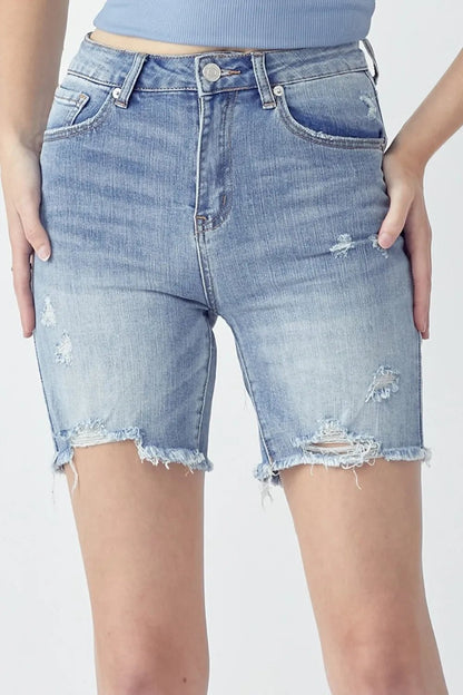 RISEN High Rise Distressed Denim Shorts - Casual Fit Clothes