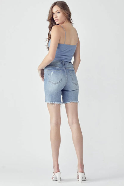RISEN High Rise Distressed Denim Shorts - Casual Fit Clothes