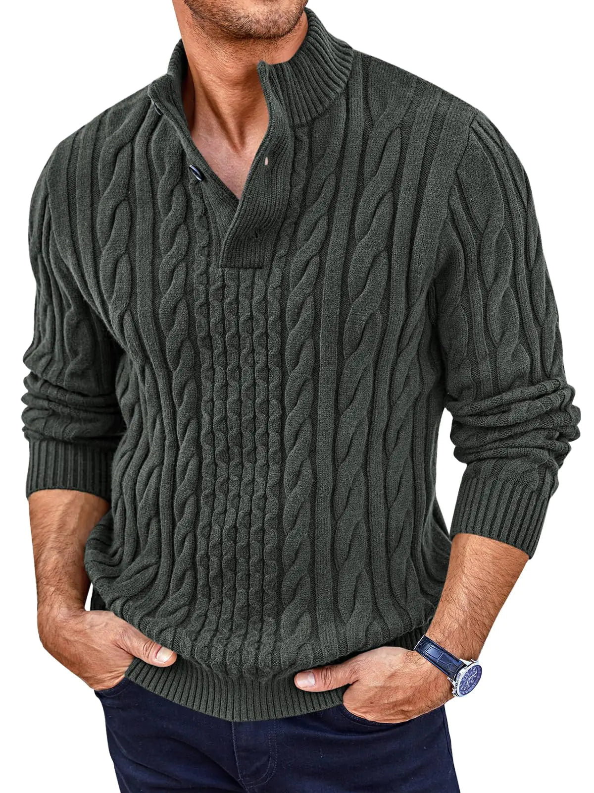 Runcati Mens Cable Knit Pullover Sweater Casual Stand Collar Chunky Buttons Fall Winter Sweaters Dark Grey - Casual Fit Clothes