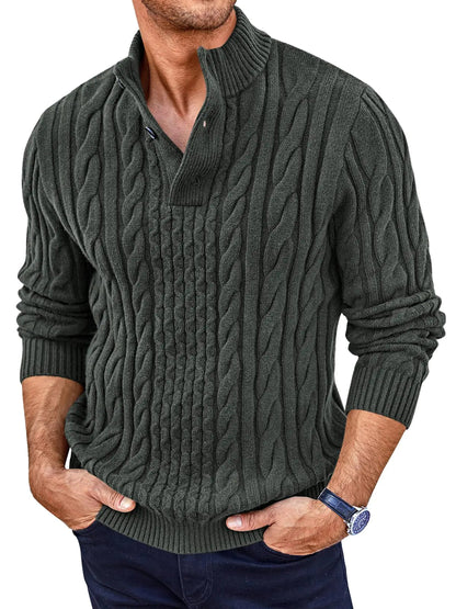 Runcati Mens Cable Knit Pullover Sweater Casual Stand Collar Chunky Buttons Fall Winter Sweaters Dark Grey - Casual Fit Clothes