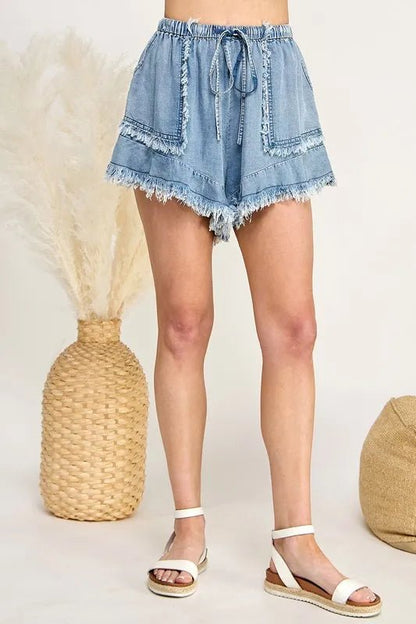 SAGE+FIG Frayed Drawstring Denim Shorts - Casual Fit Clothes