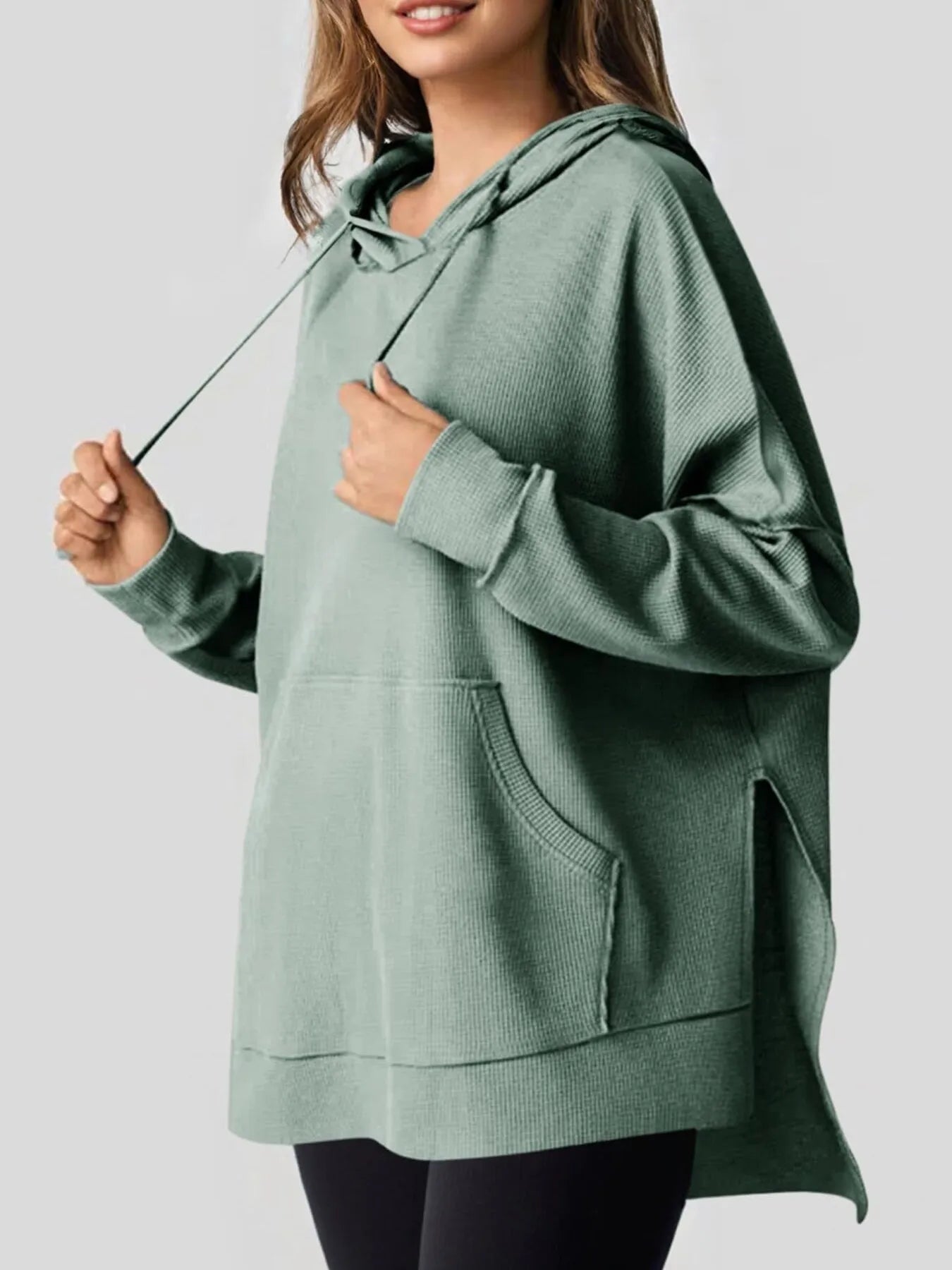 Slit Drawstring Waffle Knit Hoodie - Casual Fit Clothes