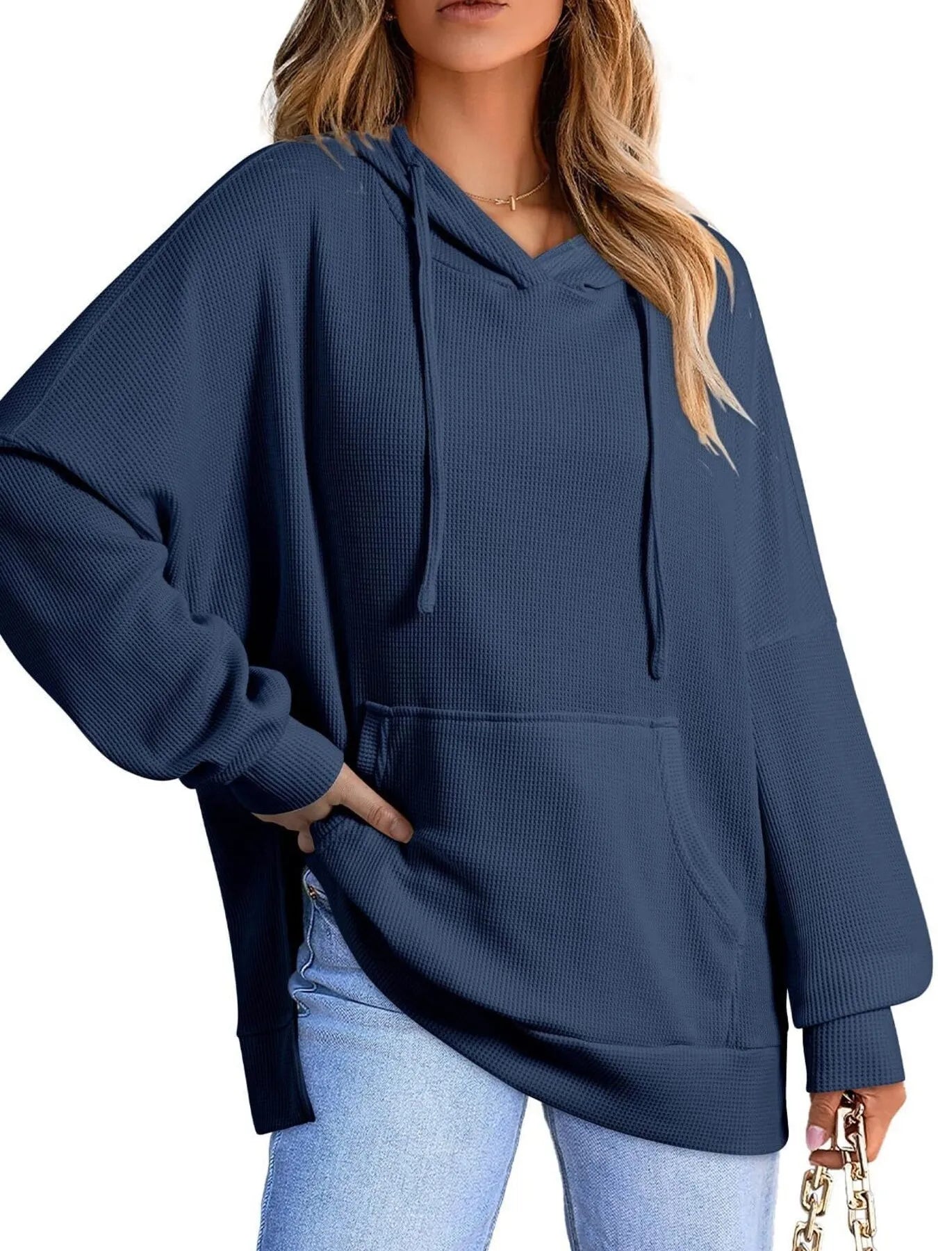 Slit Drawstring Waffle Knit Hoodie - Casual Fit Clothes